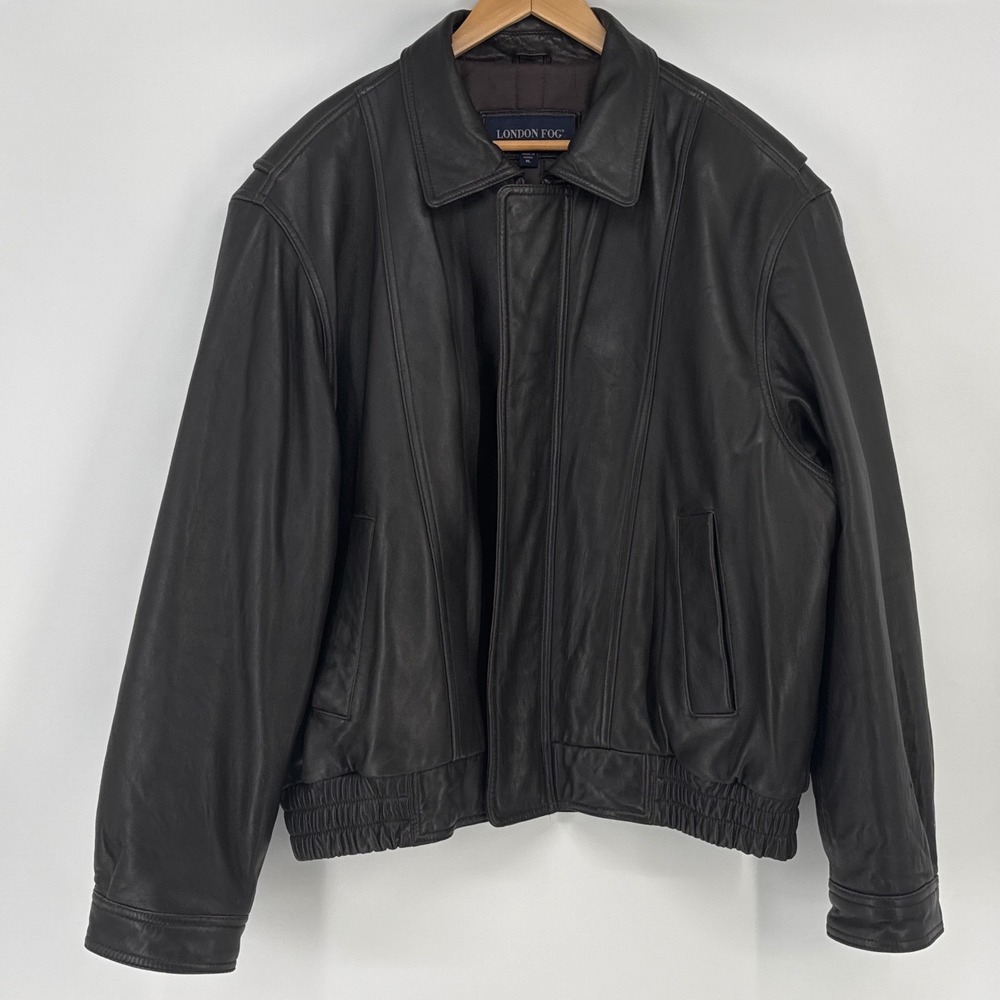 London Fog Mens Leather Bomber Jacket XL Black Quilted Lined Elastic Waist